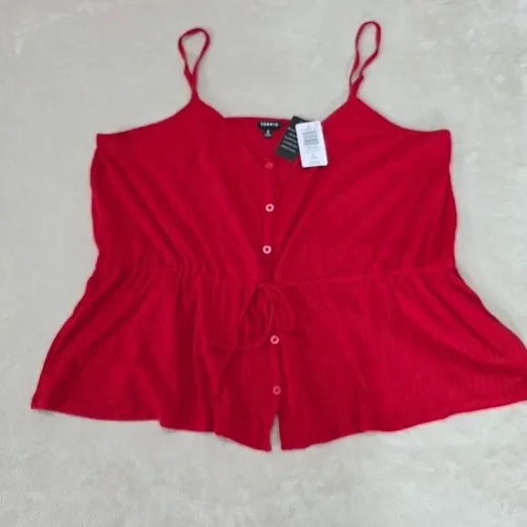 Torrid Pointelle V Neck Cinched Waist Peplum Tank Adrenaline Rush Red 2X (18-20) - Picture 1 of 10